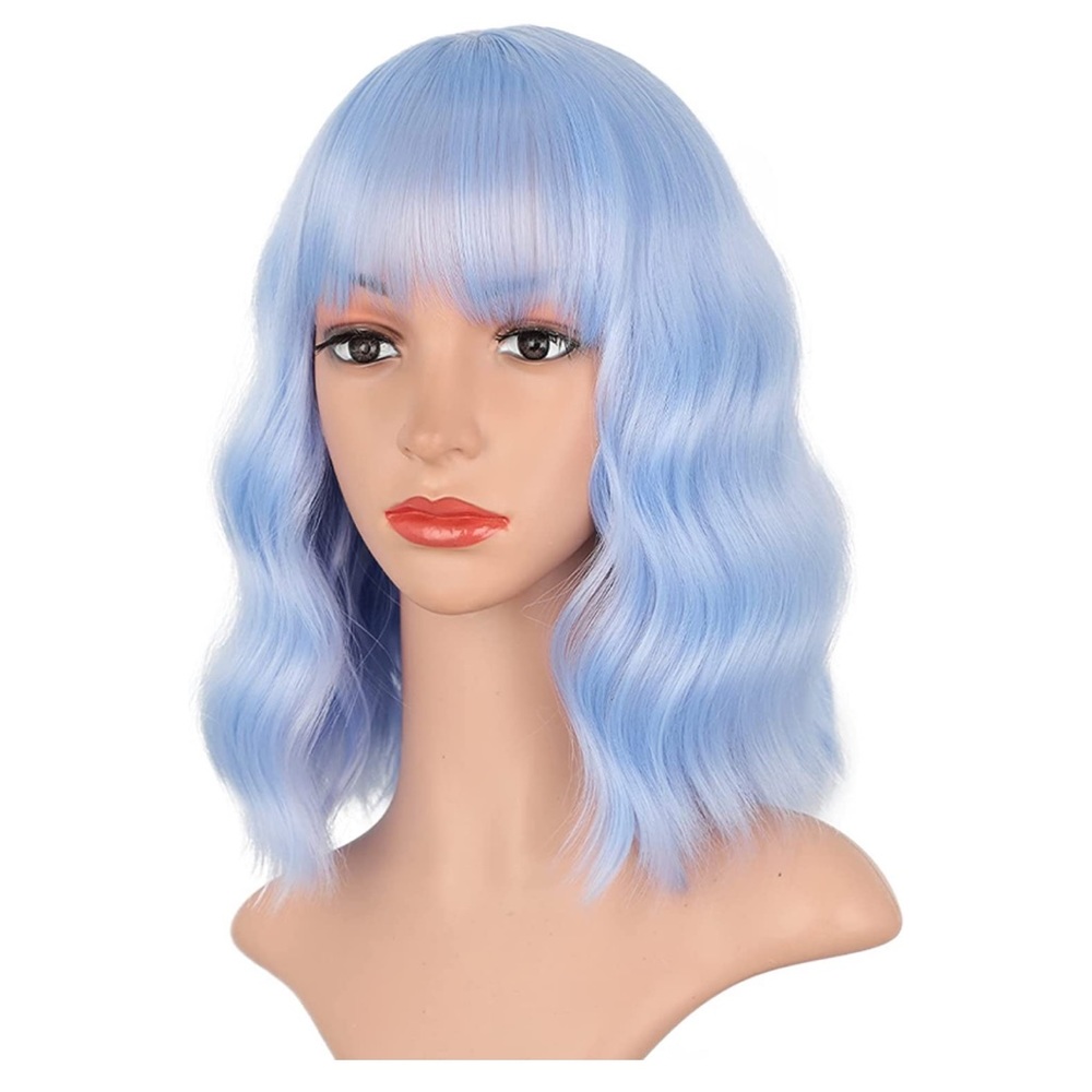 Blue Wig | Short wavy curly bob bangs |OS